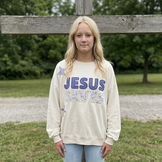JESUS SAVES PATCHWORK CREW NECK SWEATSHIRT ON OAT