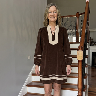 Puff Shoulder Corduroy Color Contrast Dress w/ Pockets