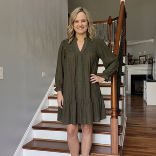 Olive Smocked Button Front Dress with Pockets