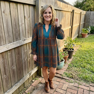 Teal Mix Plaid Tiered Babydoll Dress w/ Pockets