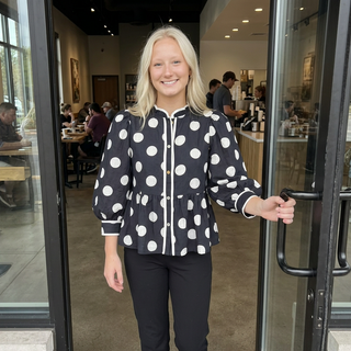 Black 3/4 Puff Sleeve Button Down Polka Dot Peplum Blouse