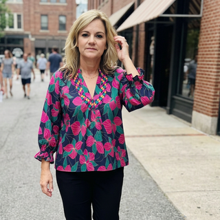 Navy Bold Floral Print Split Neck Blouse