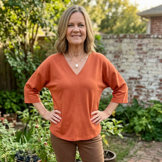 Terracotta 3/4 Sleeve Solid V-Neck Top