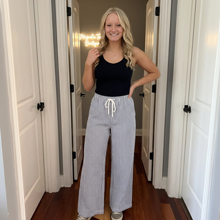 Navy Striped Wide Leg Striped Pant