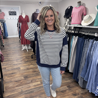 Navy Striped Colorblock Loose Fit Sweatshirt