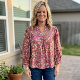 Berry Floral Print Long Sleeve Top