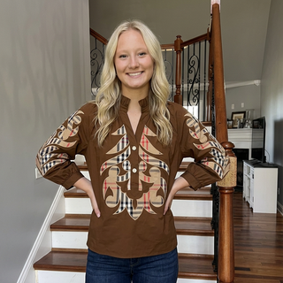 Brown 3/4 Sleeve Top with Plaid Contrast Baroque Applique