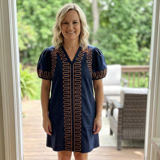 Navy Short Puff Sleeves Embroidered Shift Dress with Pockets