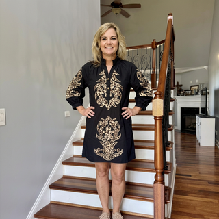 Black 3/4 Sleeve Leopard Pattern Baroque Applique Dress w./ Pockets