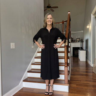 Black Ruched Sleeve Button Front Midi Dress w/ Pockets