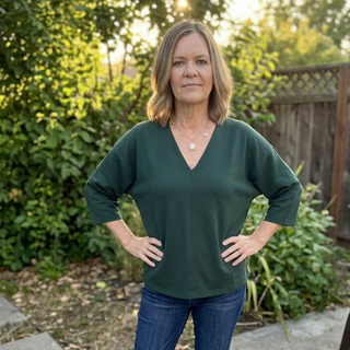 Curvy Hunter Green Drop Shoulder 3/4 Sleeve Solid V Neck Top