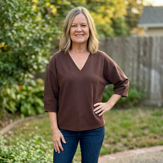 Curvy Brown Drop Shoulder 3/4 Sleeve Solid V Neck Top