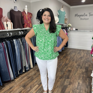 Curvy Green Floral Flutter Sleeve Top Final Sale