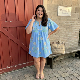 Curvy Sky Blue Floral Print V-Neck Mini Dress FINAL SALE