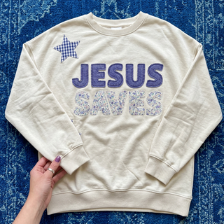 JESUS SAVES PATCHWORK CREW NECK SWEATSHIRT ON OAT
