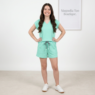 Mint V Neck Top and Shorts Set Final Sale