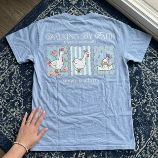 Simply Southern "Walking By Faith, Tripping Constantly" Tee on Blue