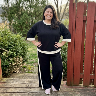 Curvy Black LUXEKNIT Colorblock Crewneck Raglan Pant Set