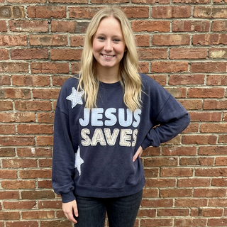 JESUS SAVES PATCHWORK CREW NECK SWEATSHIRT ON NAVY