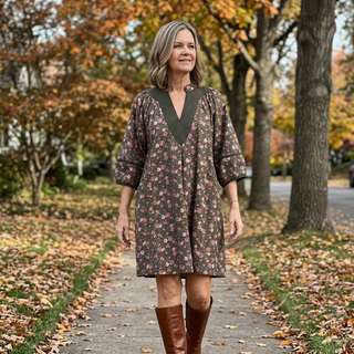 Olive Floral Print Corduroy Mini Dress w/ Pockets