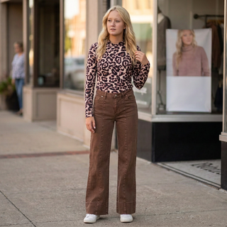 Brown Mid Rise Wide Leg Color Denim Pants