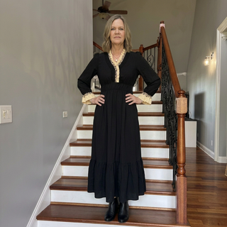 Black Leopard Ruffle Trim Midi Dress w/ Pockets