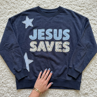 JESUS SAVES PATCHWORK CREW NECK SWEATSHIRT ON NAVY