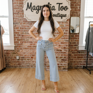 Striped Front Pocket Cuffed Wide Leg Jeans