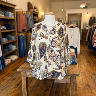 Curvy Cream Boho Paisley Puff Sleeve Blouse