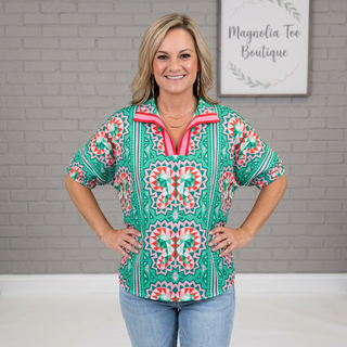 Boho Abstract Print V Neck Top FINAL SALE