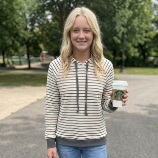 Ivory and Olive Micro Brushed Striped Hoodie Top