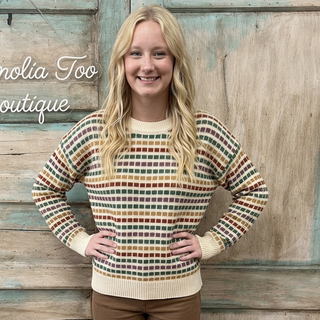 Jade/Rust Multi Color Texture Stripe Crew Neck Sweater