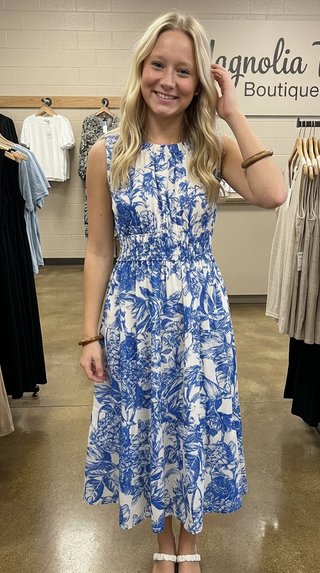 Blue Toile Print Midi Dress Final Sale