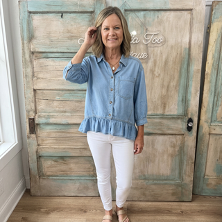 Light Denim Button Down Hi-Low Ruffled Chambray Top