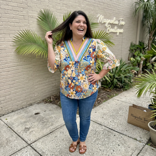 Floral Print Woven V Neck Top Final Sale