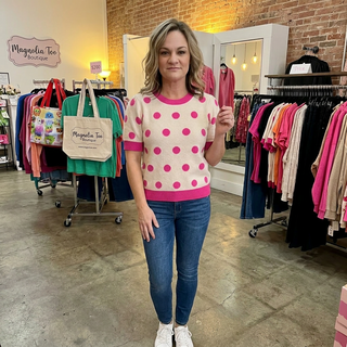 Pink Polka Dot Puff Sleeve Sweater