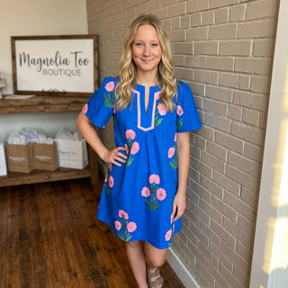 Royal Floral Short Sleeve Split Neck Mini Dress FINAL SALE