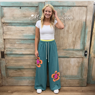 Green Flower Patch Elastic Wide Leg Pants