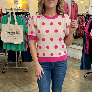 Pink Polka Dot Puff Sleeve Sweater