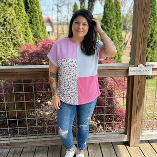 Curvy Pink  Leopard Colorblock Patchwork Top Final Sale