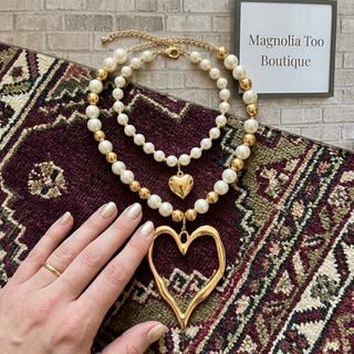 2 Piece Pearl Beaded Heart Charm Necklace