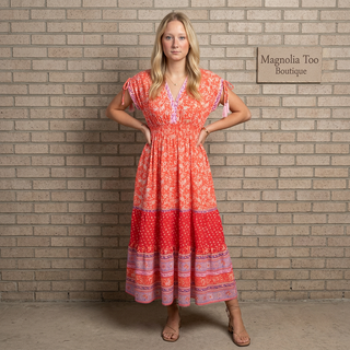 Boho Style Tasseled Tied Sleeve Empire Waist Midi Dress FINAL SALE