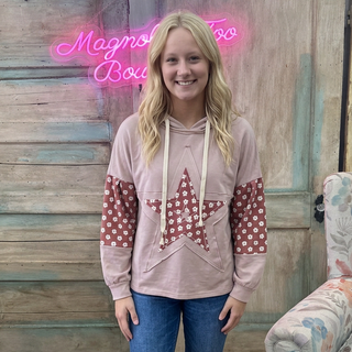 Pale Pink Star Patchwork Drawstring Hoodie