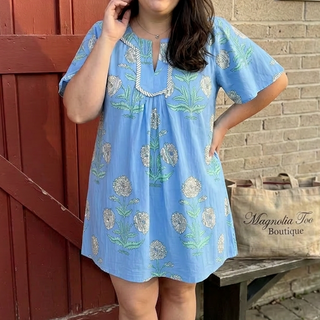 Curvy Sky Blue Floral Print V-Neck Mini Dress FINAL SALE