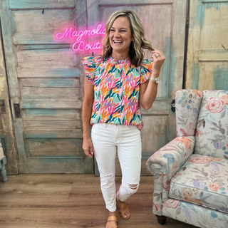 Rose Floral Ruffled Flutter Sleeve Top FINAL SALE