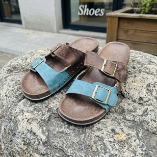 Turquoise/Brown Contrast Buckle Sandals FINAL SALE