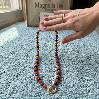 Game Day Faceted Bead Beaded Necklace Featuring Metal Tone Oval Clasp Pendant (2 Colors)