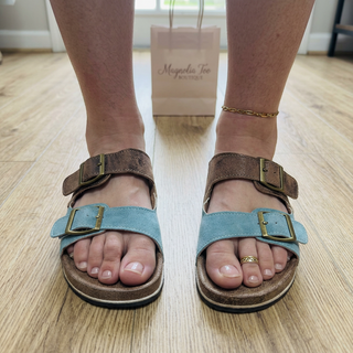Turquoise/Brown Contrast Buckle Sandals FINAL SALE