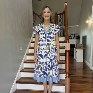 Blue Mix Layered Ruffle Sleeve Floral Midi Dress w/ Pockets FINAL SALE