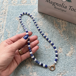 Game Day Faceted Bead Beaded Necklace Featuring Metal Tone Oval Clasp Pendant (2 Colors)